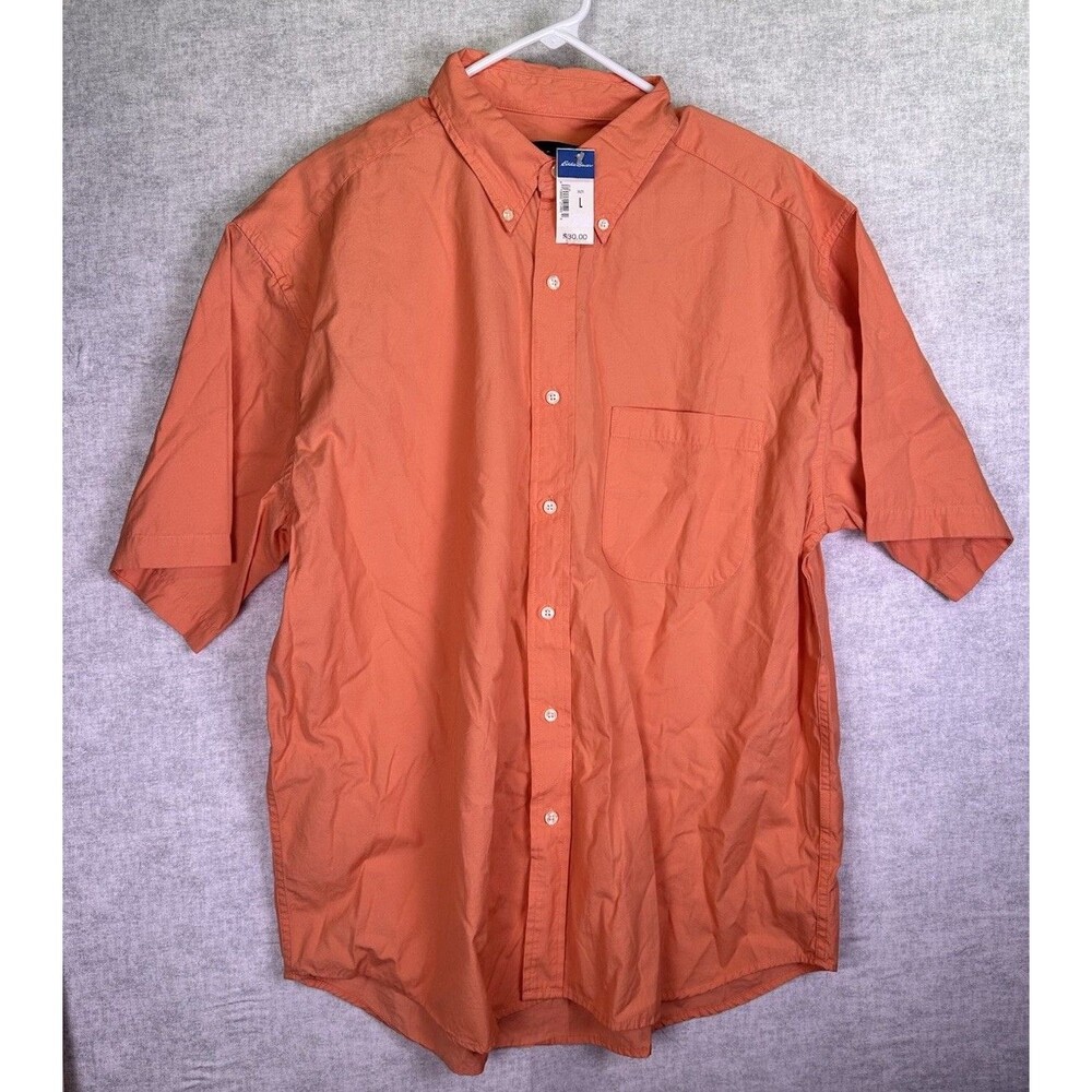 NWT Mens Eddie Bauer Short Sleeve Shirt Cotton Poplin Size Large Orange Apricot - Picture 2 of 7